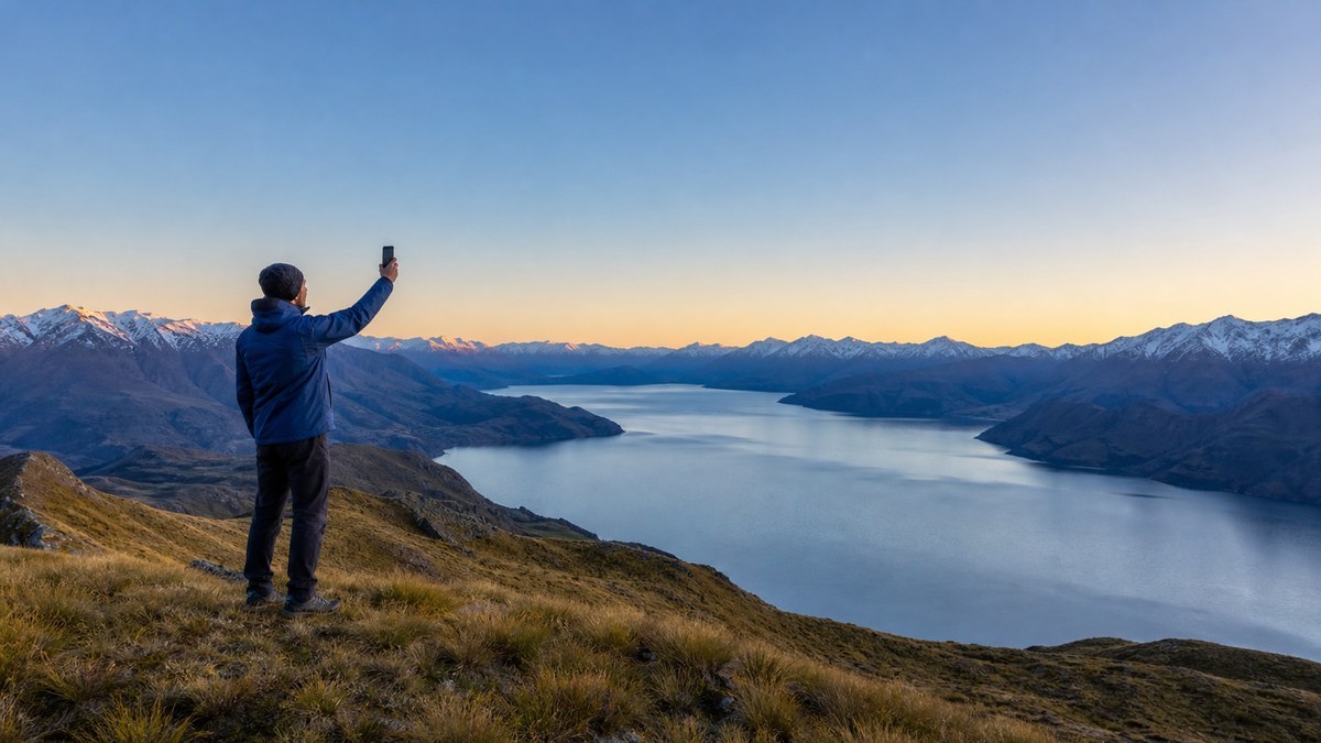 Hiker holding phone toward open sky on a remote mountain ridge