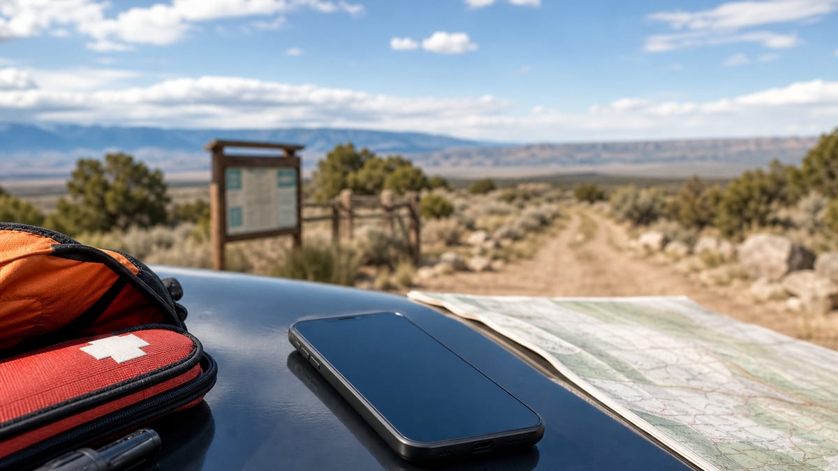 Unbranded smartphone on a parked car near a rural trailhead with an emergency kit and open sky for a satellite coverage check