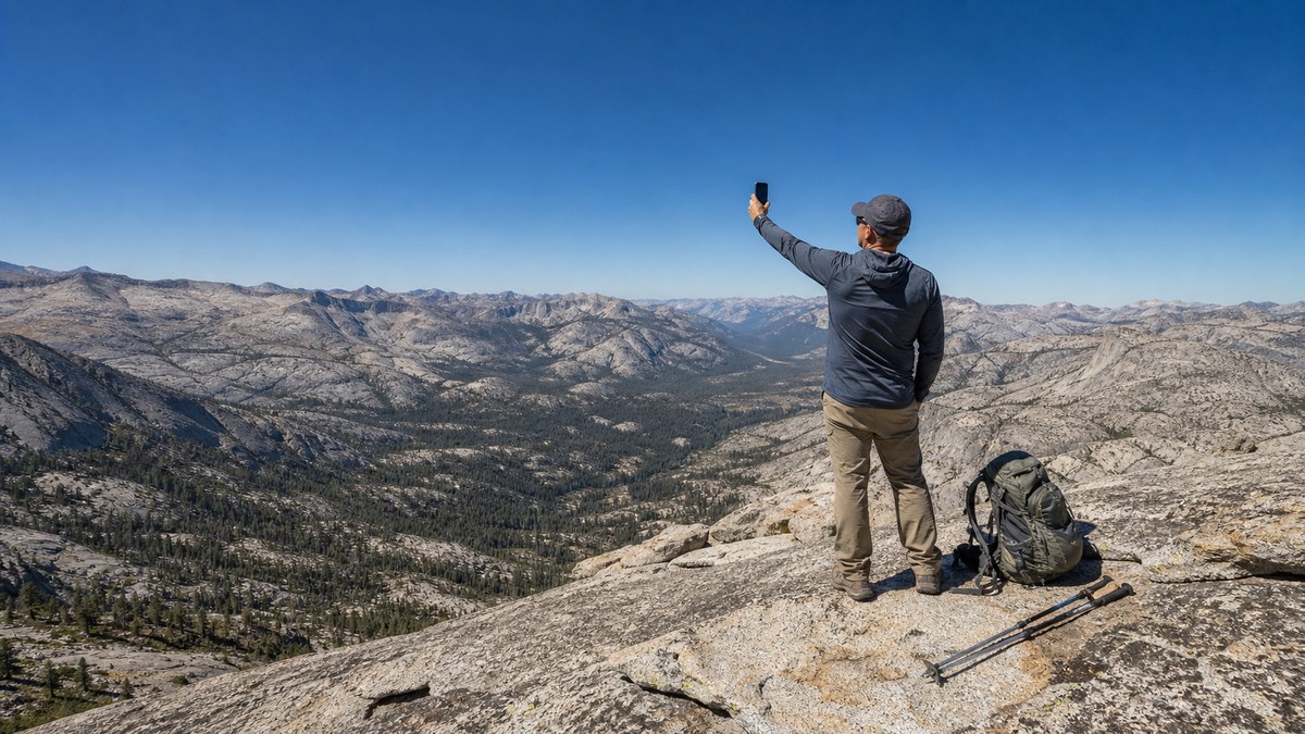 Hiker on a remote mountain ridge holding a smartphone up toward open sky