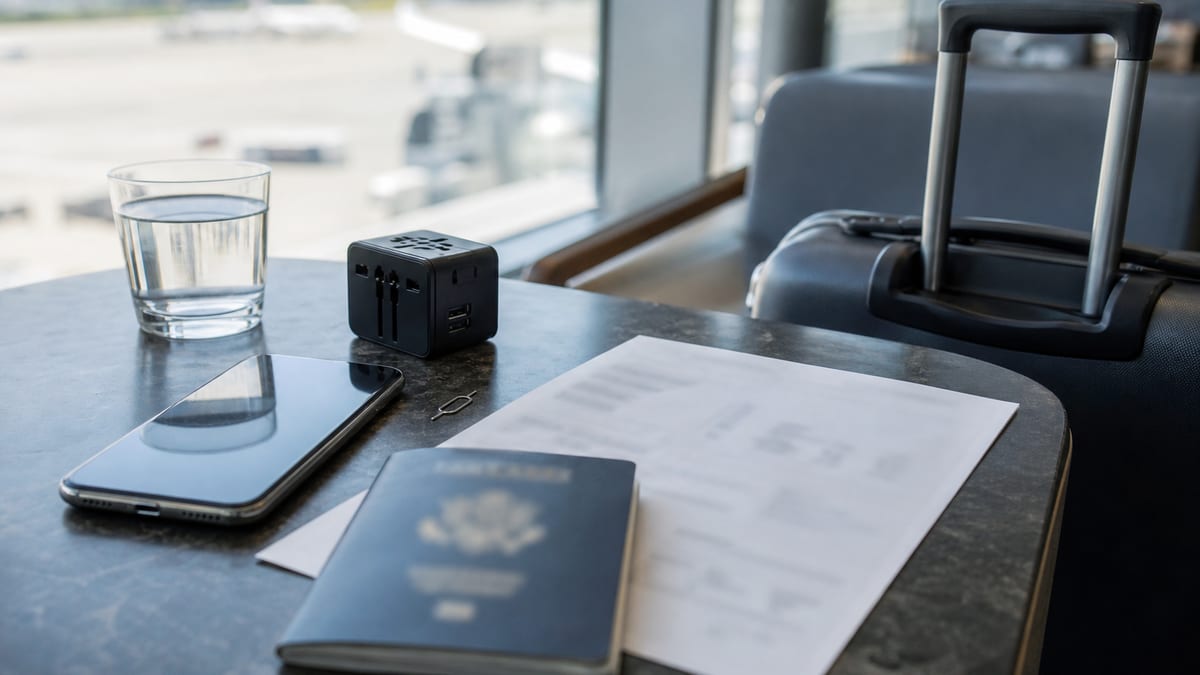 Unbranded smartphone, passport with blurred details, SIM eject tool, travel adapter, and carry-on bag on an airport lounge table