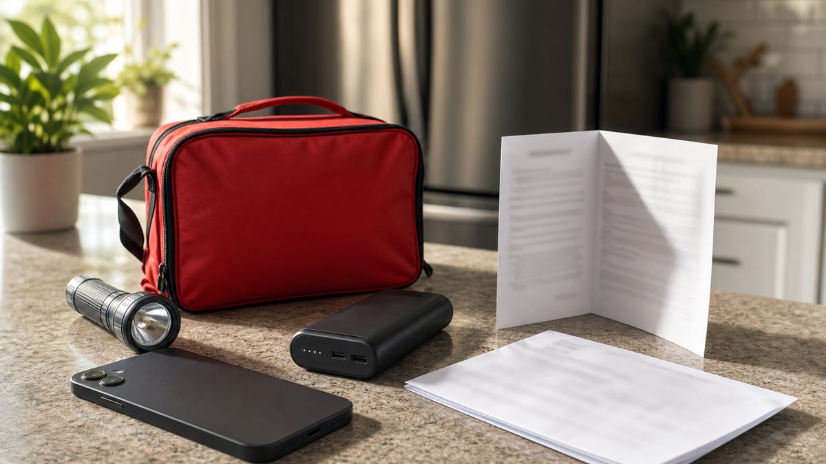 Storm-prep kit, flashlight, power bank, smartphone, and blurred emergency papers on a sunlit kitchen counter