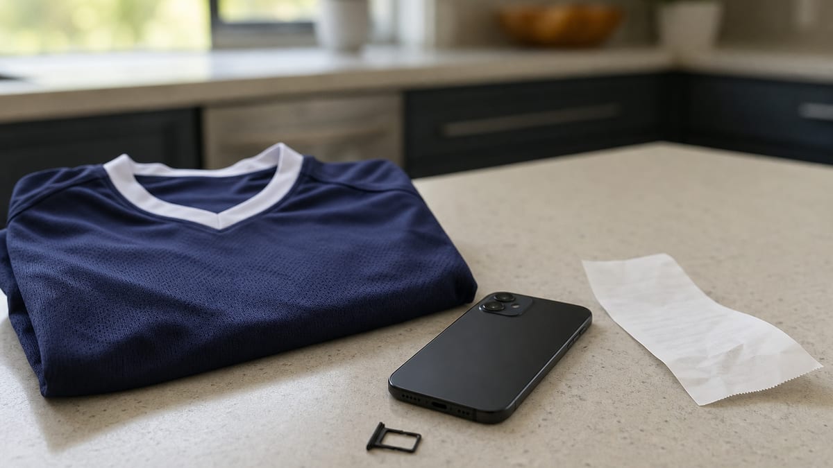 Plain folded soccer jersey, unbranded smartphone, SIM tray, and blank receipt on a kitchen counter
