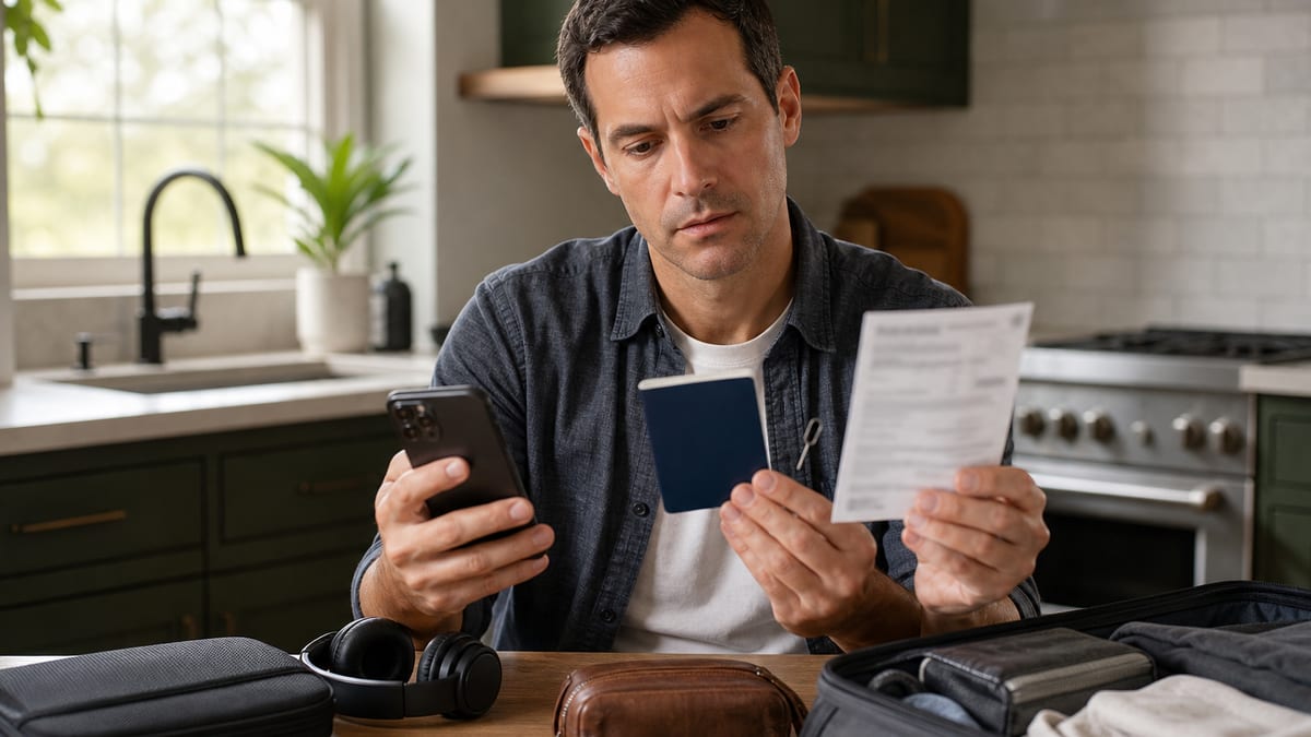 A traveler compares a smartphone, passport, SIM tool, and blurred phone bill while packing for an international trip