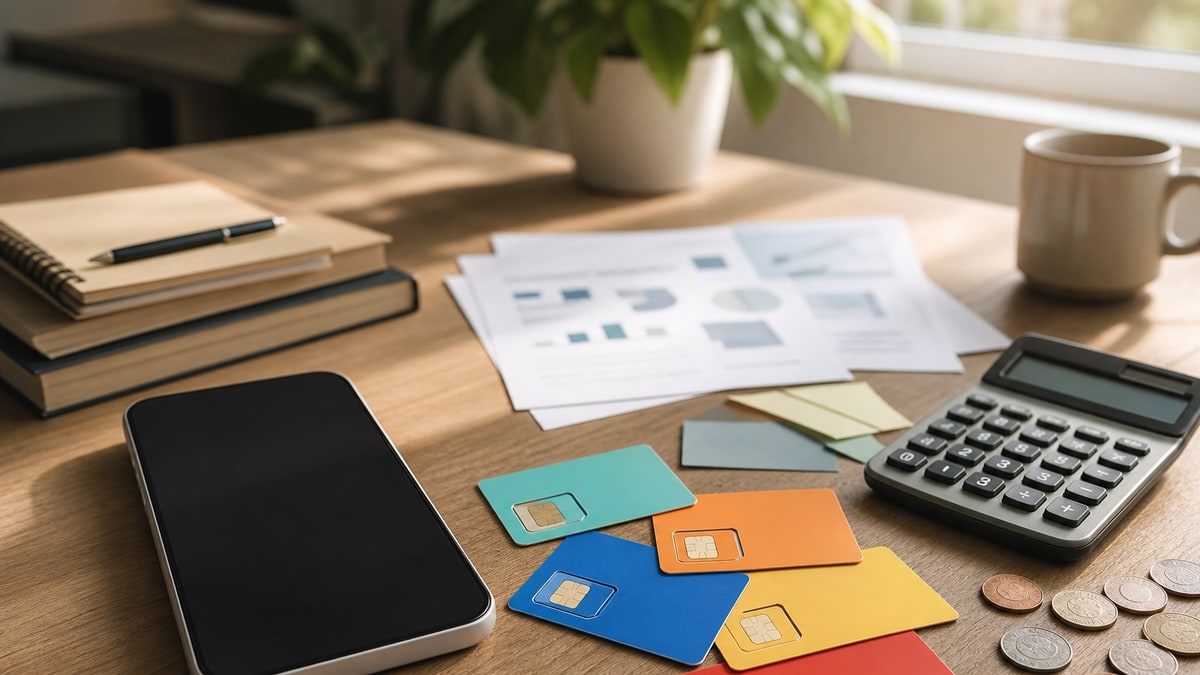 Photorealistic desk scene with a smartphone, calculator, coins, and unbranded plan cards for comparing under-25 dollar phone plans