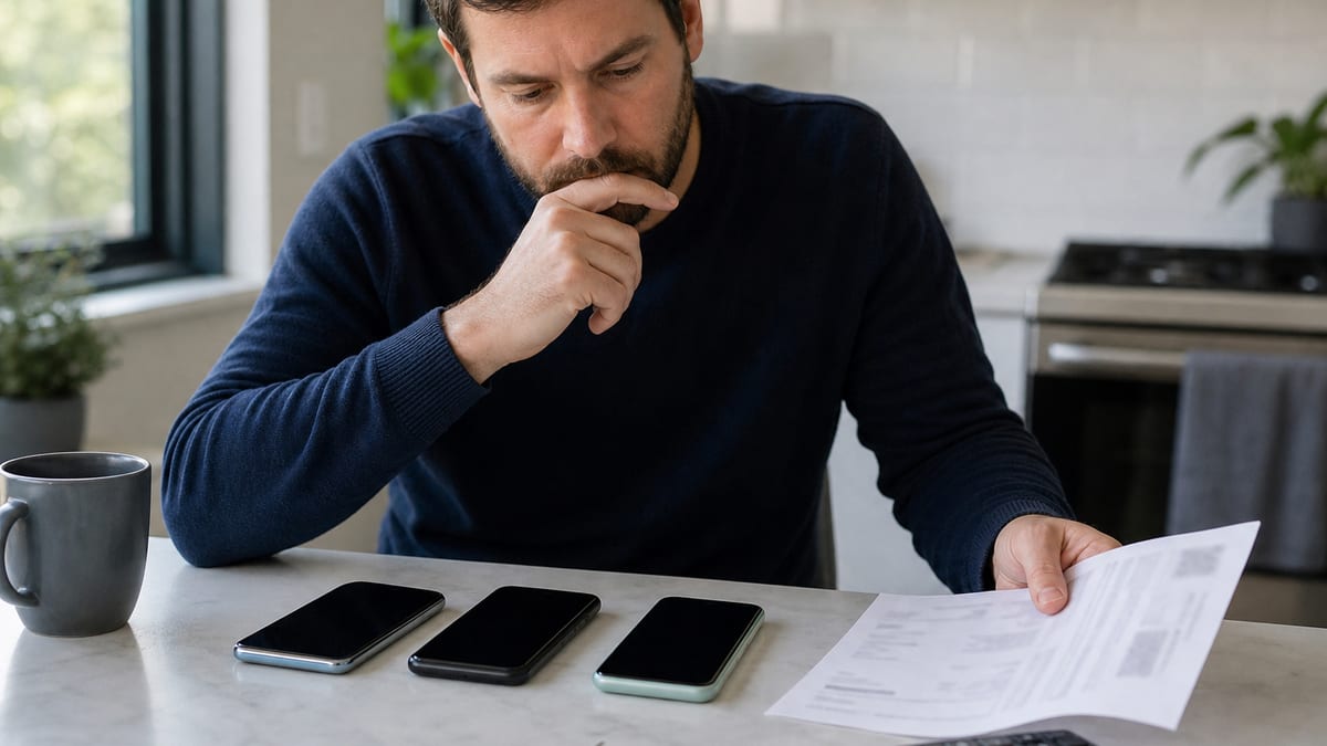 Consumer compares unbranded smartphones, a blurred phone bill, calculator, and SIM tool on a kitchen counter