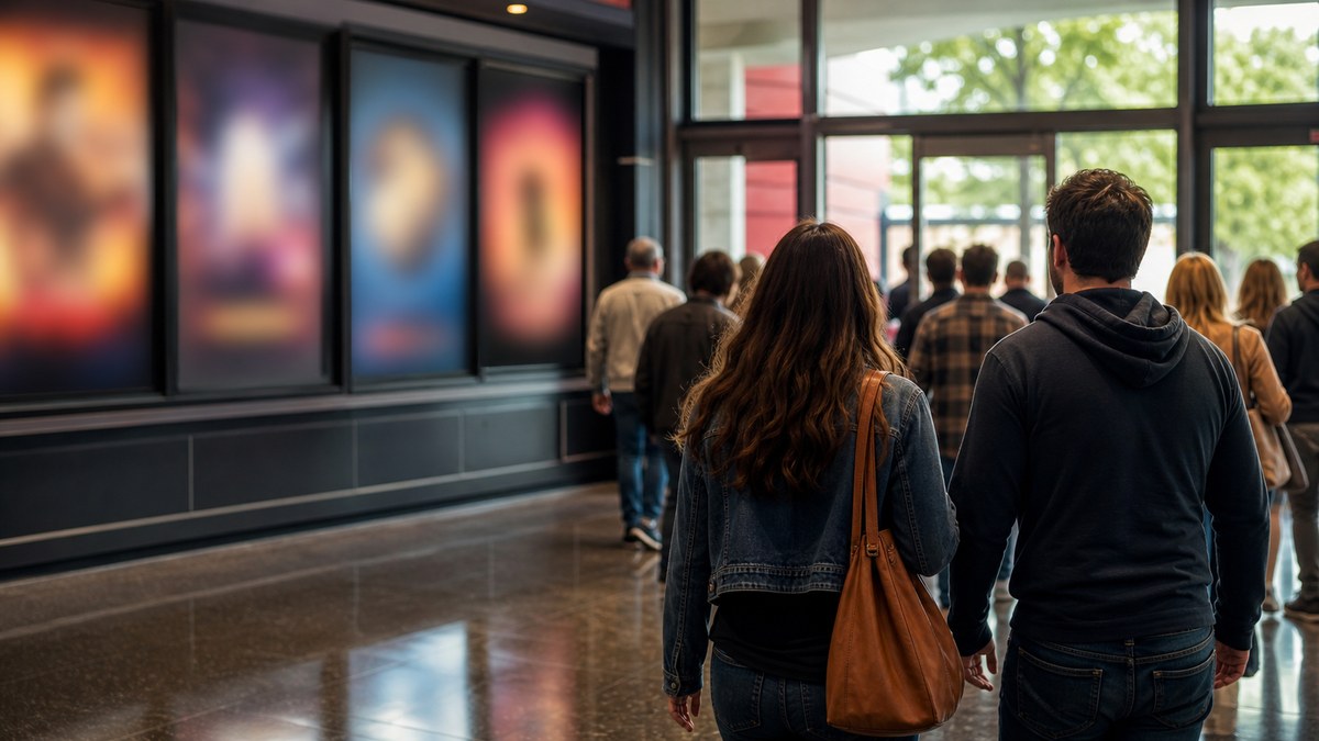 People entering a theater lobby, illustrating premium phone plan perks