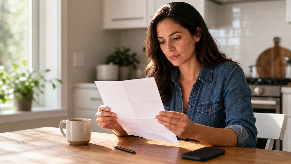 Woman at kitchen table reviewing printed plan paperwork in morning light