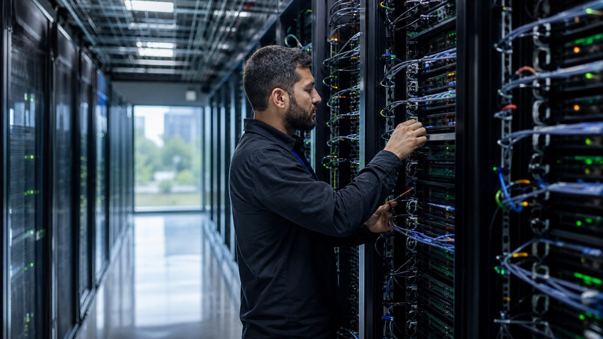 Technician inspecting server racks in a cool-lit edge data center aisle