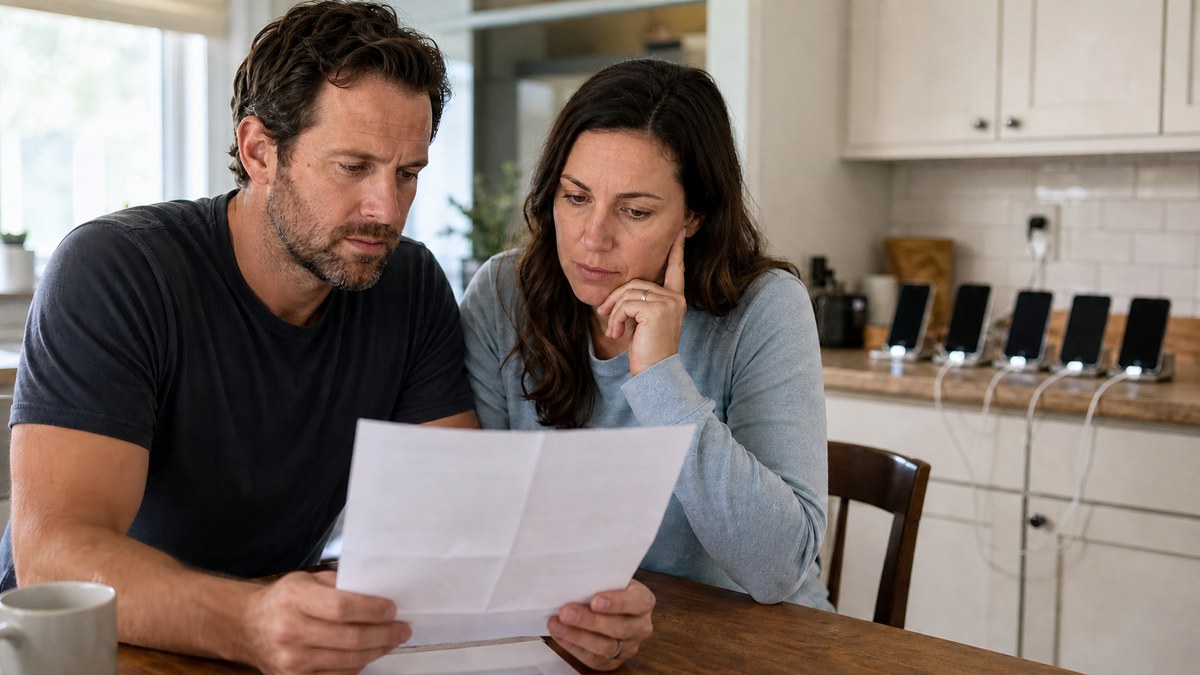 Two adults reviewing a household bill at a sunlit kitchen table
