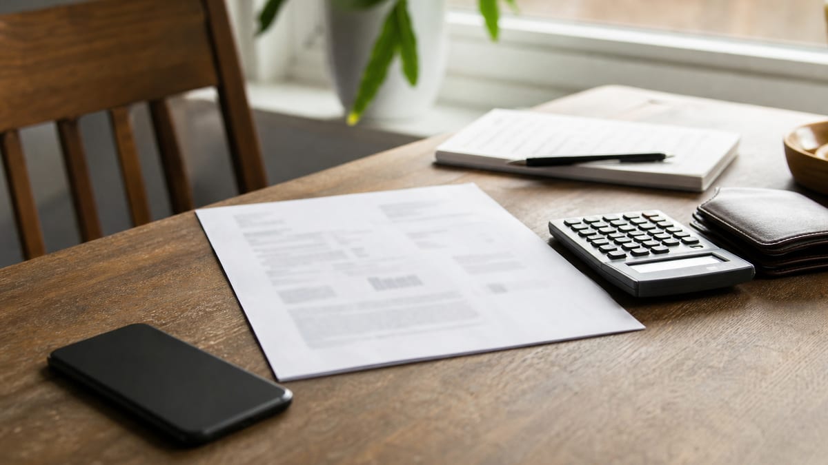 Unbranded smartphone, blurred wireless bill, calculator, wallet, and notebook on a sunlit home desk