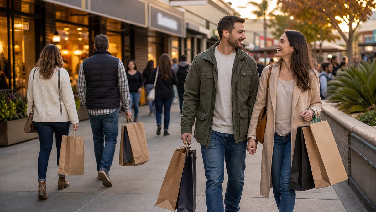 Shoppers walking through a retail plaza, illustrating wireless rewards cash back