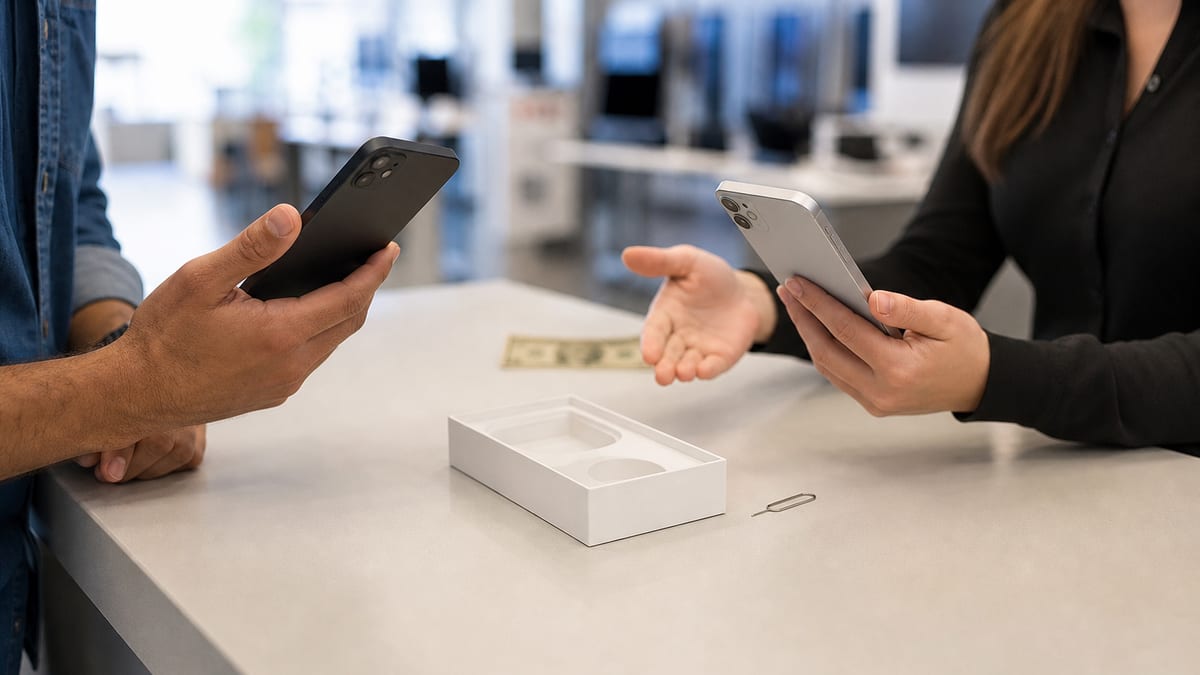 Two shoppers compare unbranded smartphones at a neutral phone-store counter with a SIM tool and blank phone box