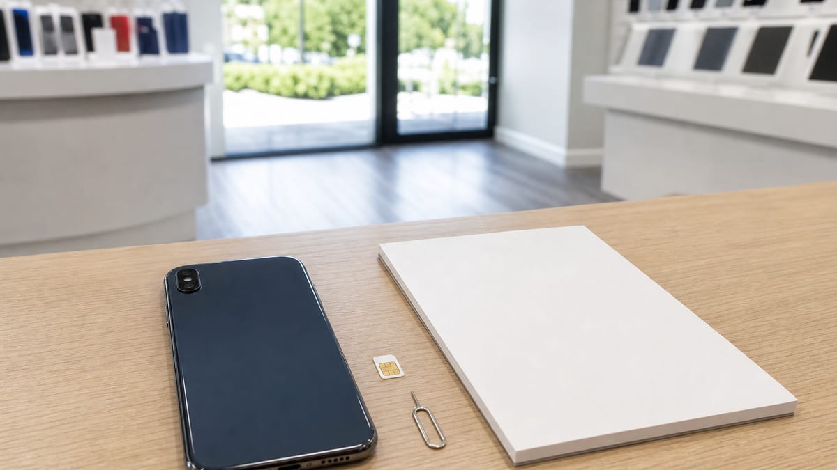 Unbranded smartphone, SIM card, and blank notepad on a neutral wireless store counter
