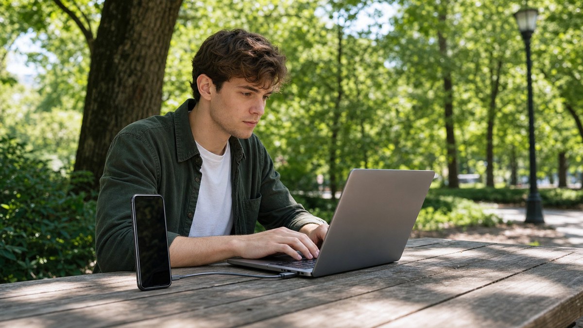 Man working on a laptop at a park picnic table with his phone beside it serving as a hotspot