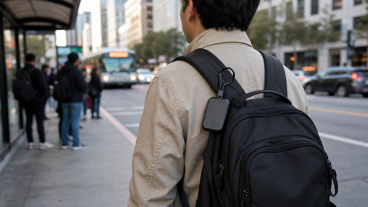 A commuter backpack with a small hotspot at a city bus stop, illustrating switcher hotspot limits