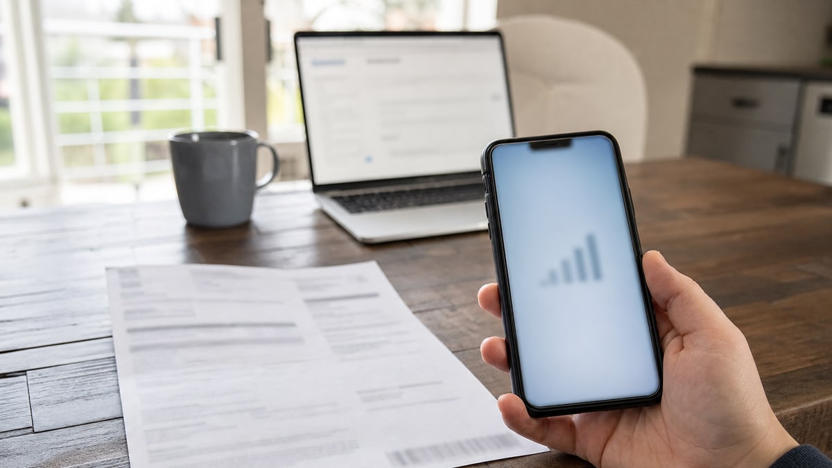 A smartphone, blurred phone bill, and laptop on a kitchen table representing wireless network capacity and plan choices