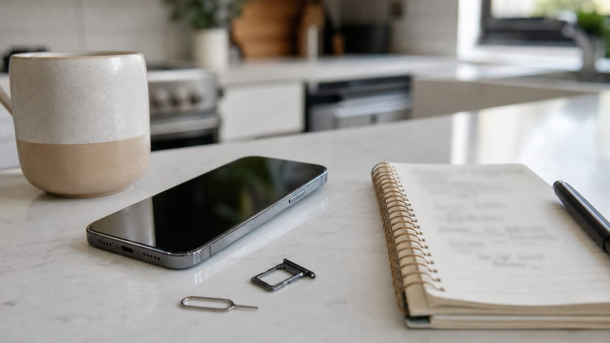 Unbranded smartphone, SIM tray, SIM eject tool, and blurred budgeting notebook on a sunlit kitchen counter
