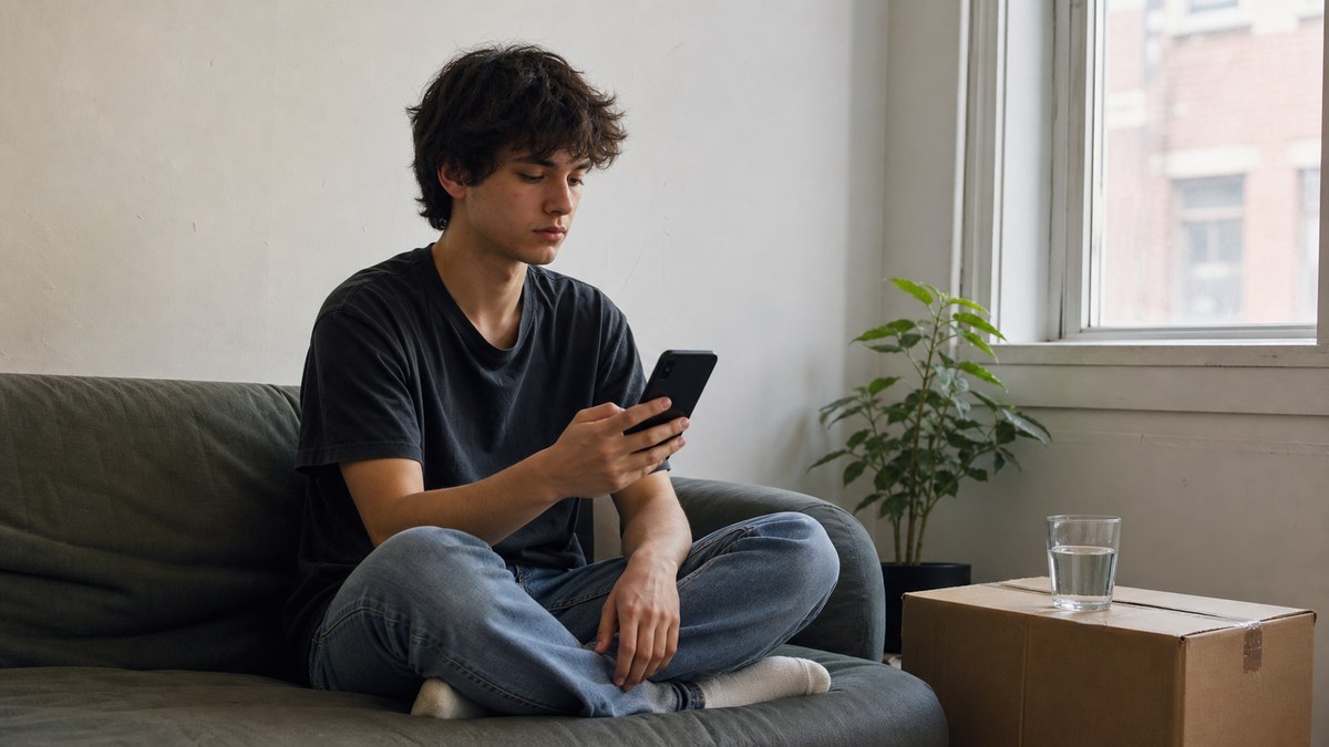 Young adult sitting on a couch in a sparsely furnished apartment holding a smartphone