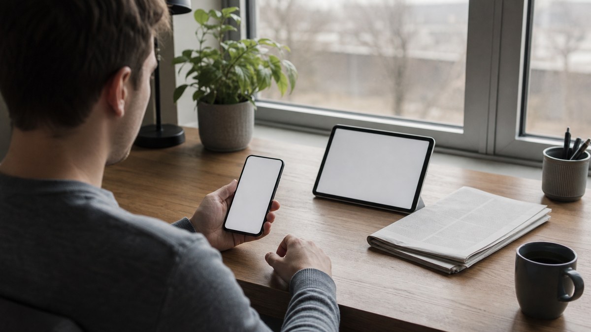 Person scrolling phone at home office desk with tablet and newspaper