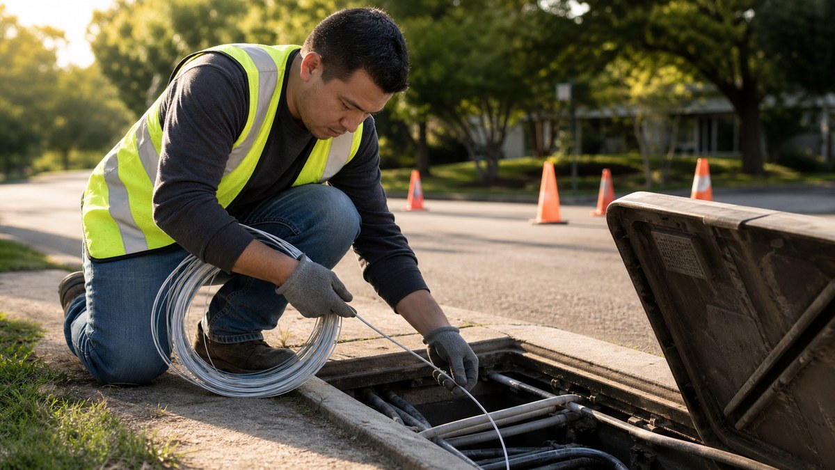 Technician feeding fiber optic cable into a sidewalk conduit at sunrise