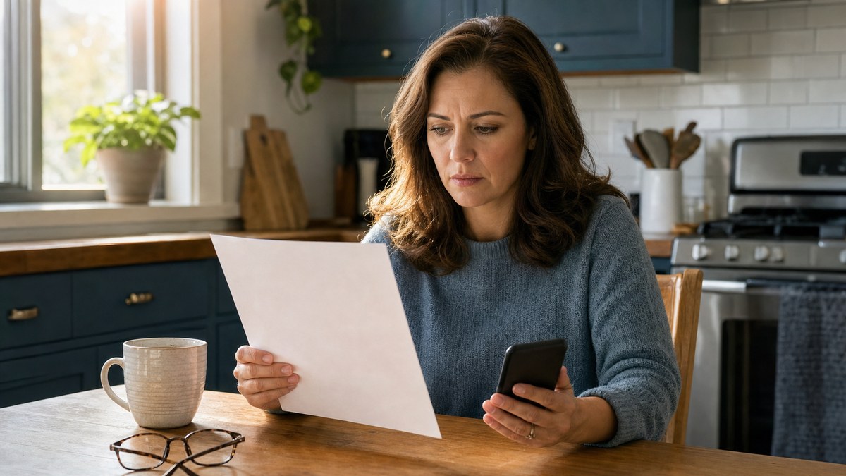 Woman reviewing a paper statement at a sunlit kitchen table