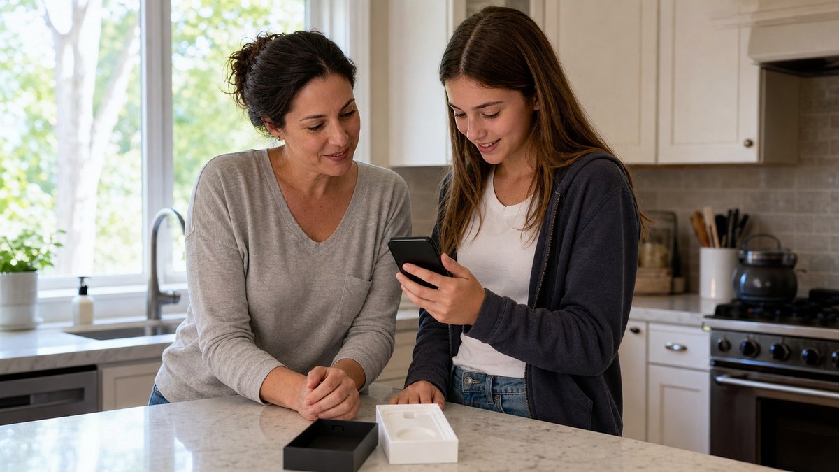 Mother and teenage daughter at a kitchen island setting up a newly unboxed smartphone